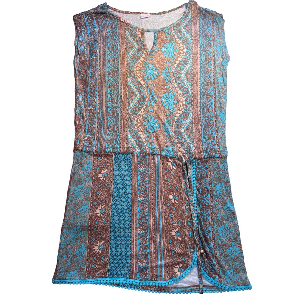 Lascana Turquoise Brown Paisley Keyhole Mini Dress Sleeveless Boho Size 6 US 38